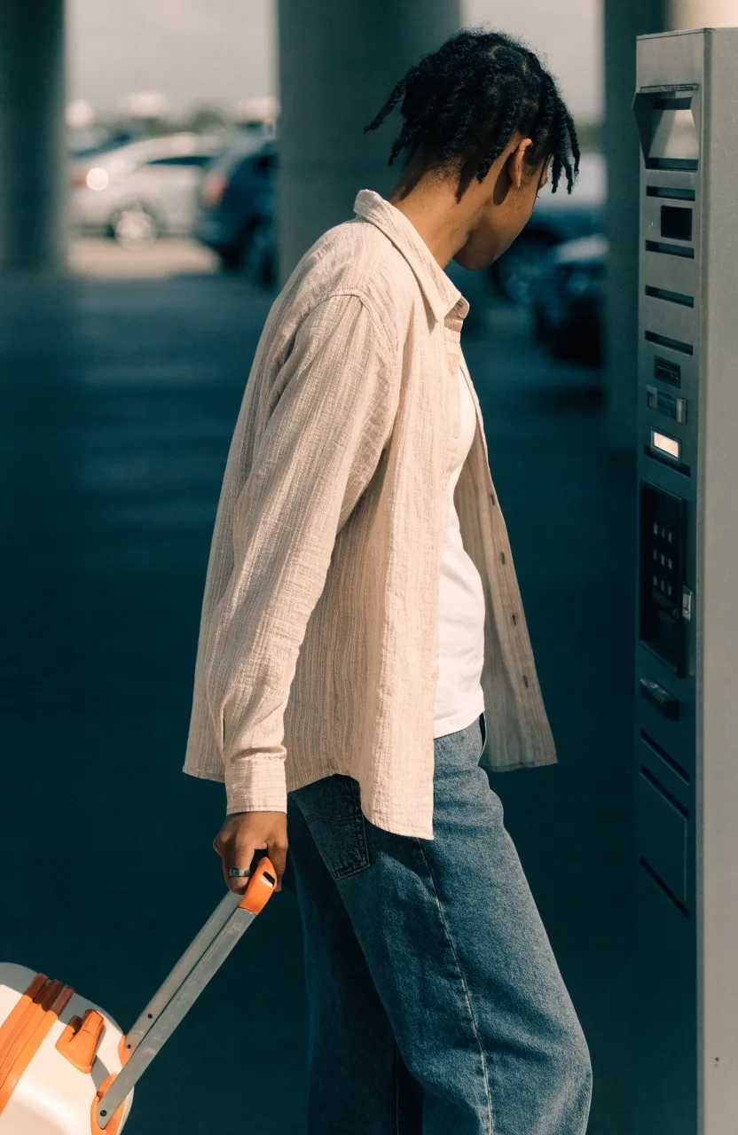 Traveller at airport car park pay station