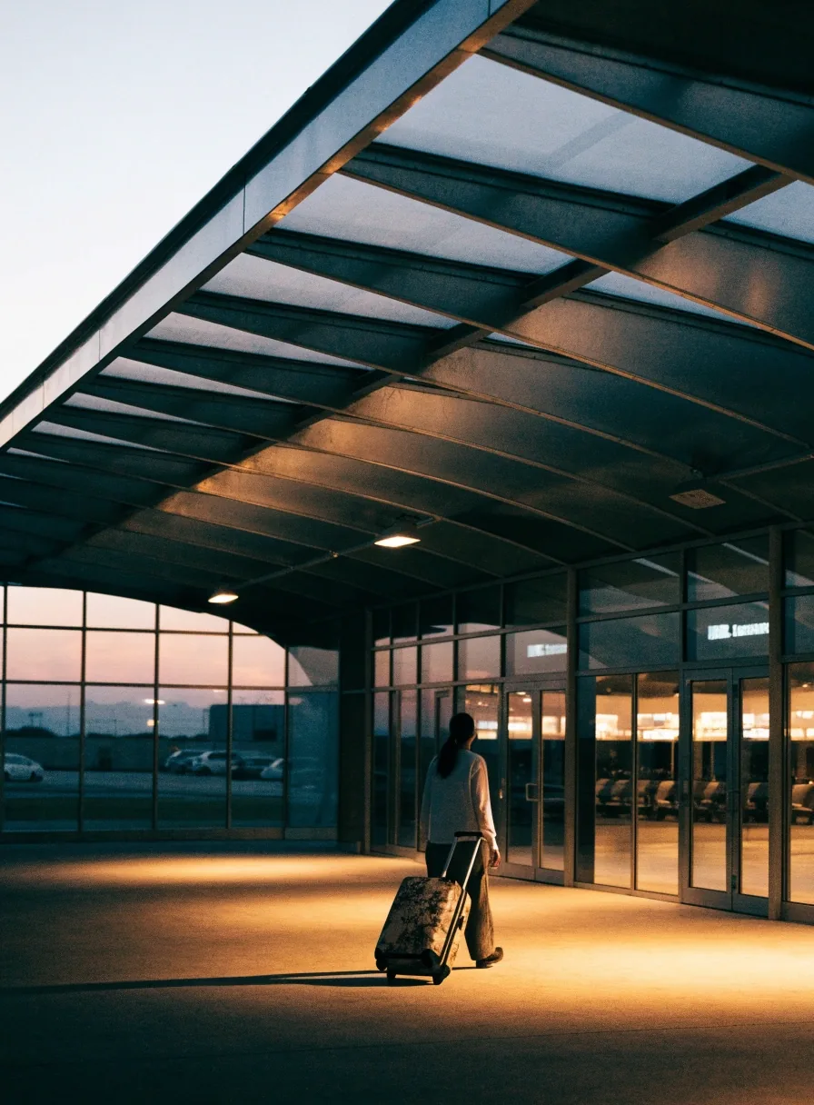 Traveller with luggage walking toward Brisbane Airport terminal and parking walkway in the evening