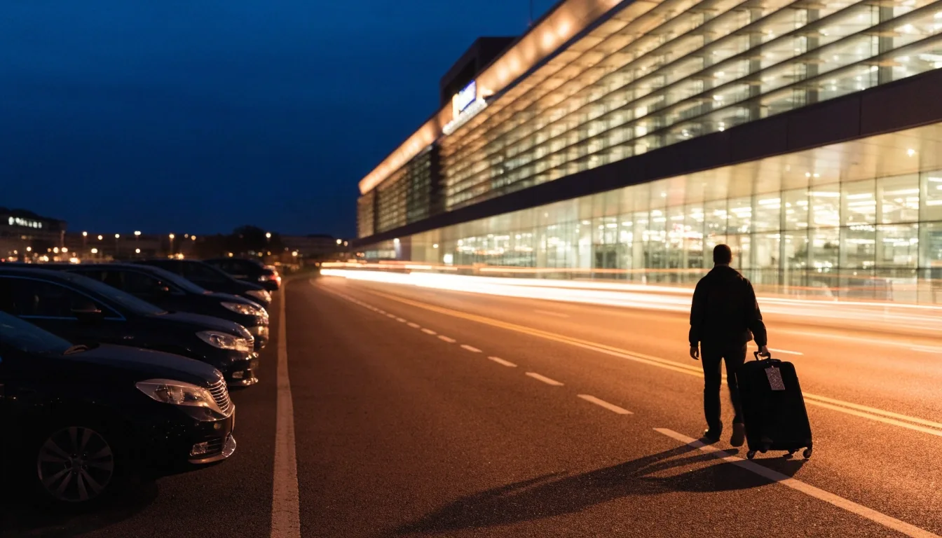 Night view of the Brisbane Airport terminal roadway after a parked trip