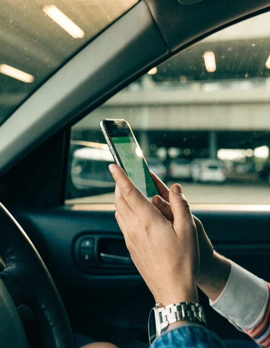 Traveller confirming Brisbane airport parking times on a phone before driving in
