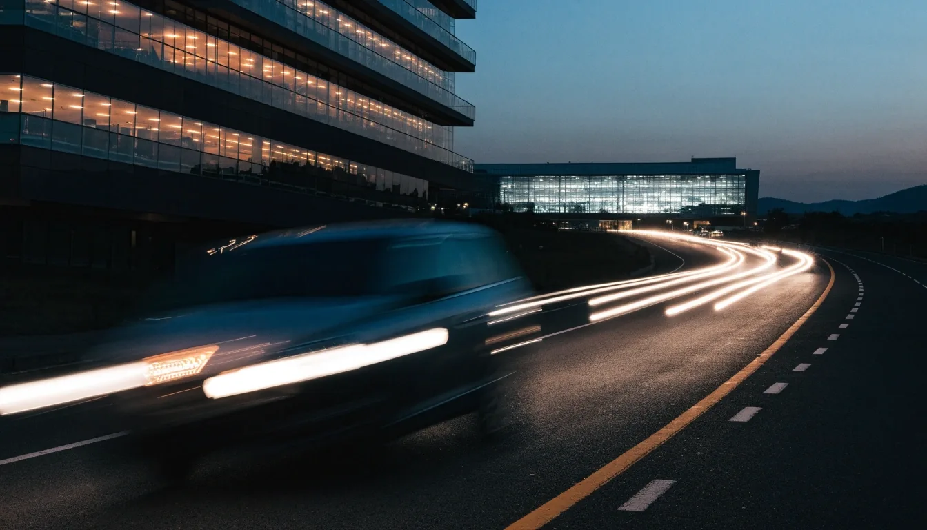 Brisbane Airport terminal approach at night with car headlights and illuminated roadway