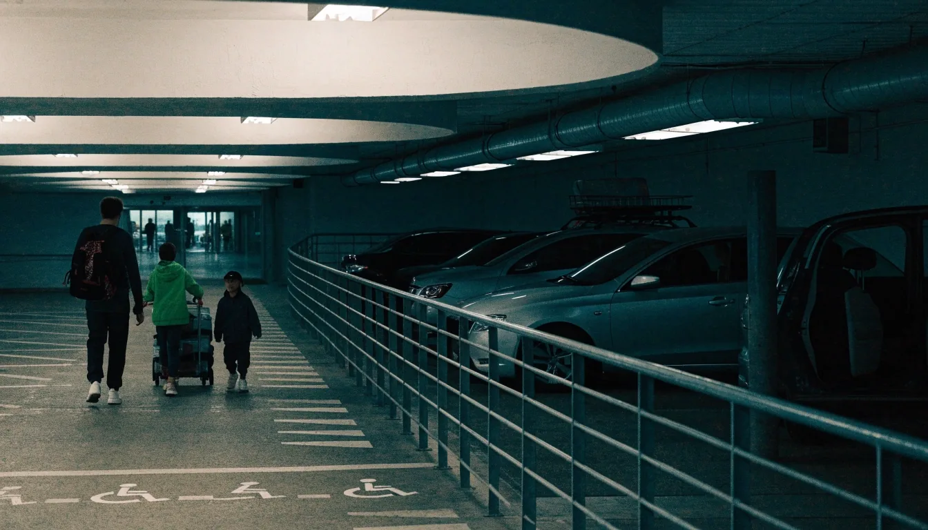 Covered airport parking deck with rows of cars and wayfinding light at Brisbane Airport