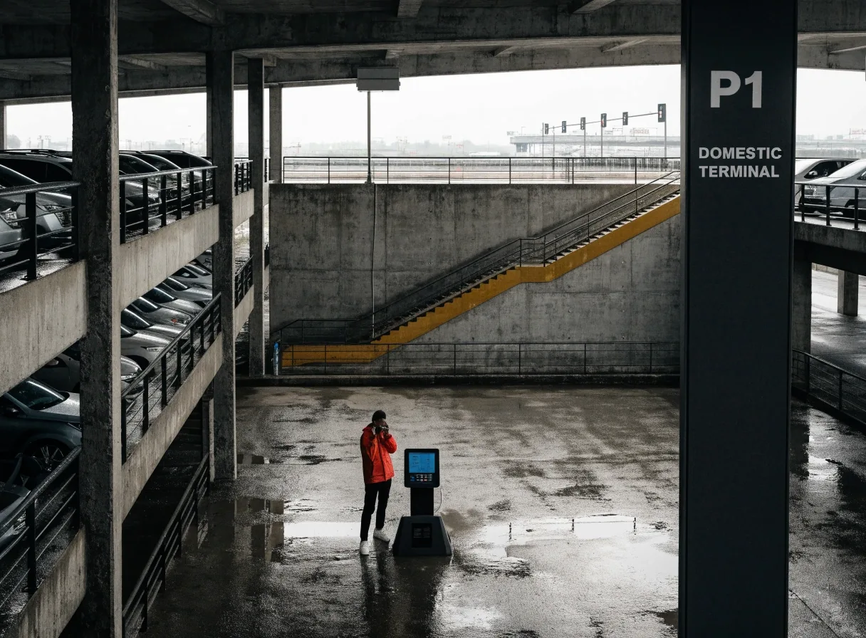 Driver paying at airport car park exit barrier with card in hand