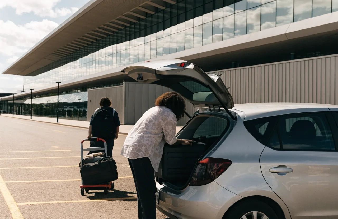 International terminal forecourt with travellers and luggage near pickup parking