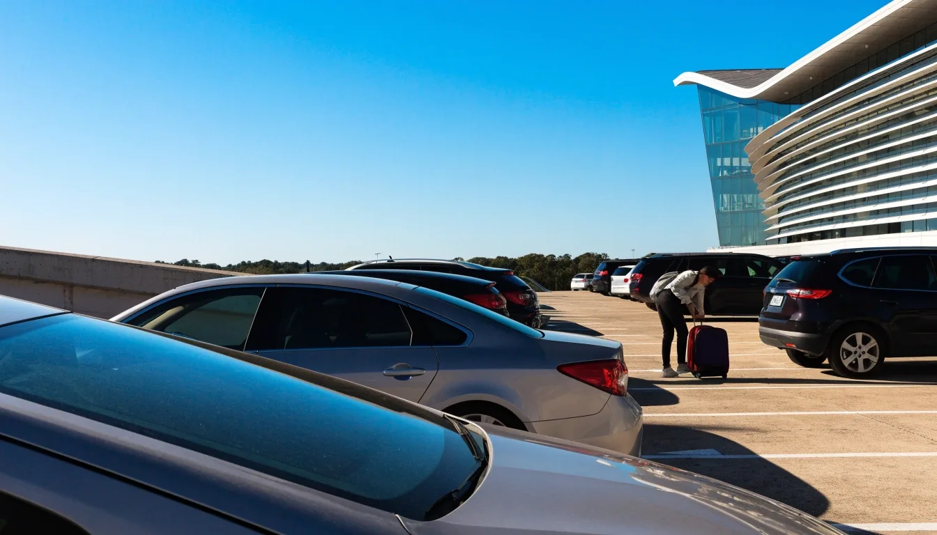 P1 Domestic Terminal car park deck at Brisbane Airport with parked cars and traveler walking to lift