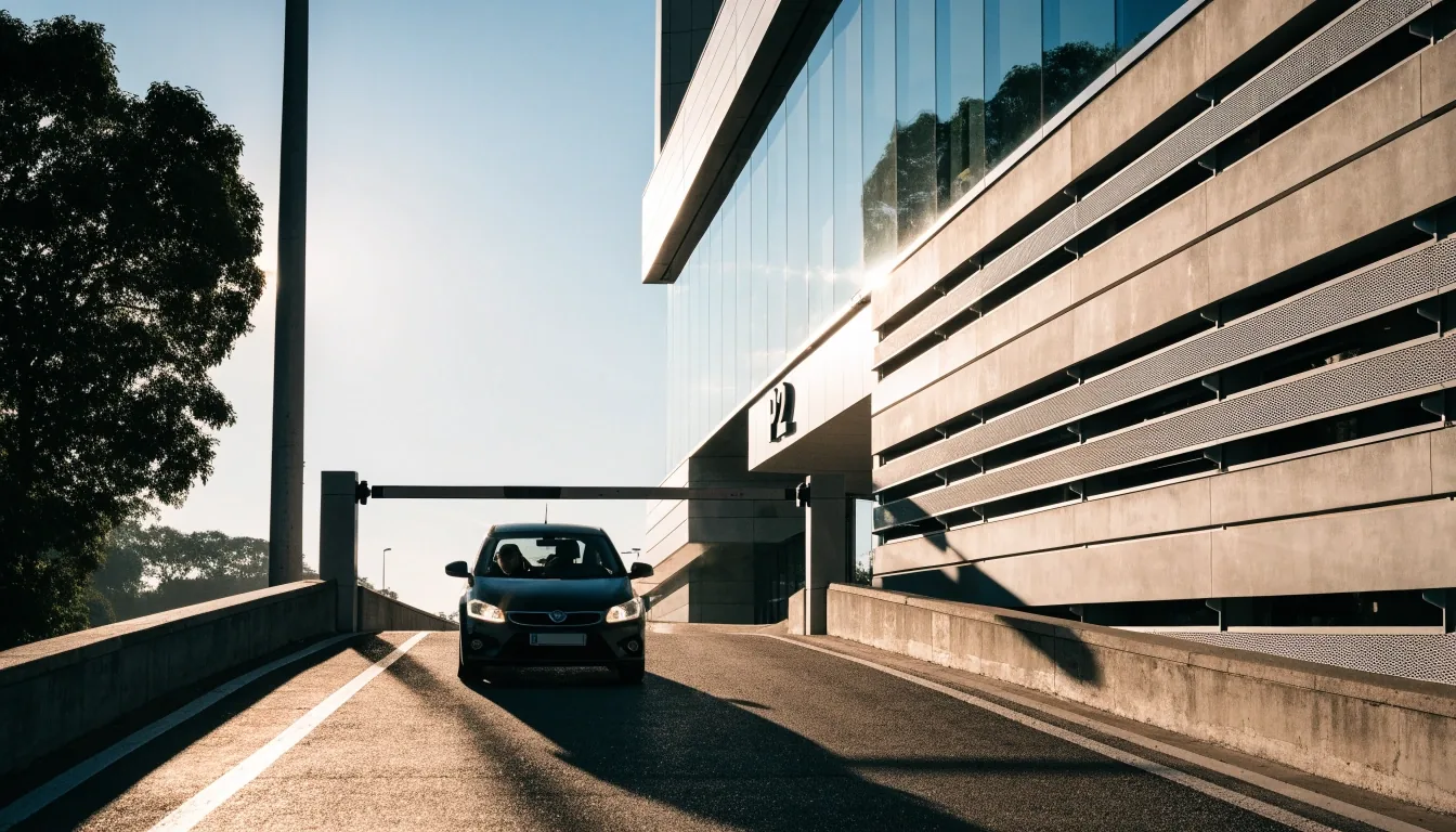 Car entering Brisbane Airport domestic terminal car park in the morning