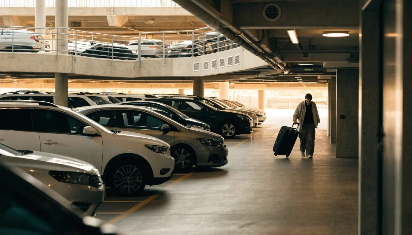 Inside the multi-level long-stay car park with parked cars and traveller