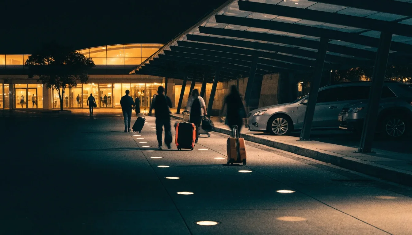 International terminal pickup area at night with travellers