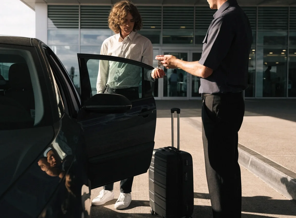 Traveller handing keys to valet attendant at drop-off