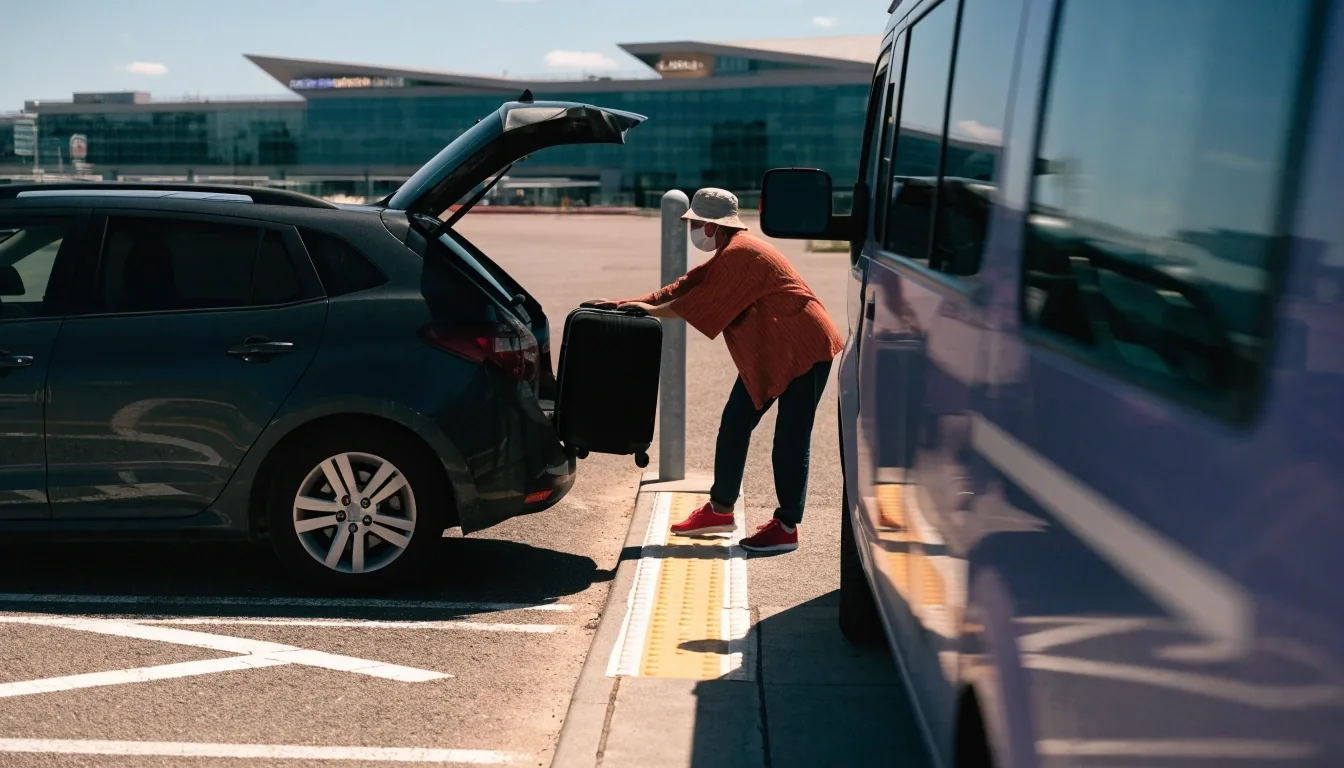 Accessible parking bays at Brisbane Airport car park with traveler walking to car