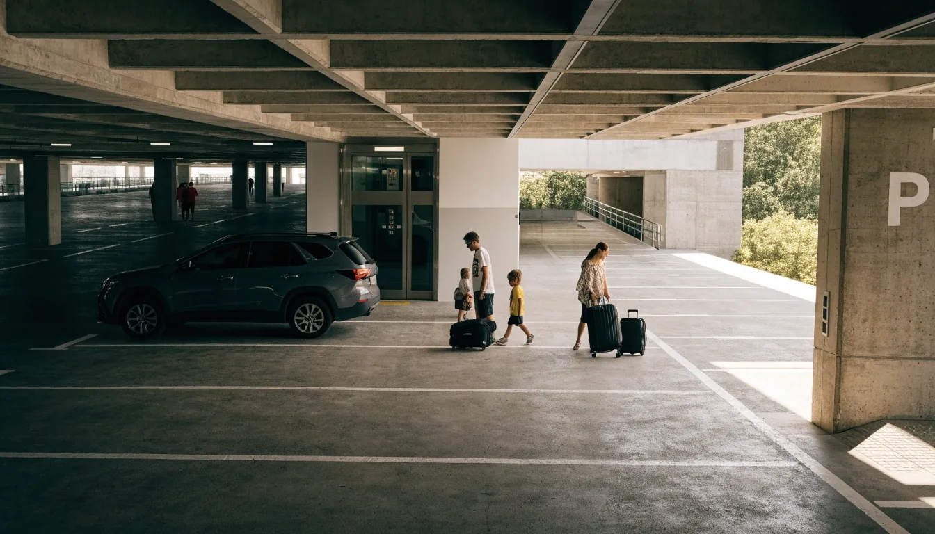Family with luggage in Brisbane Airport multi-level car park