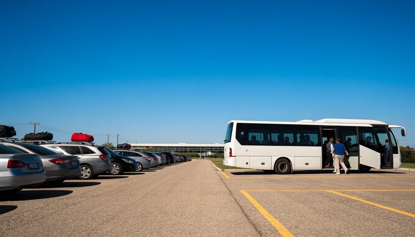 Long-stay parking field with shuttle bus collecting passengers