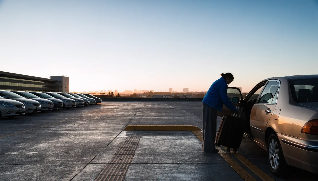 Quiet rooftop of Brisbane Airport car park at dawn