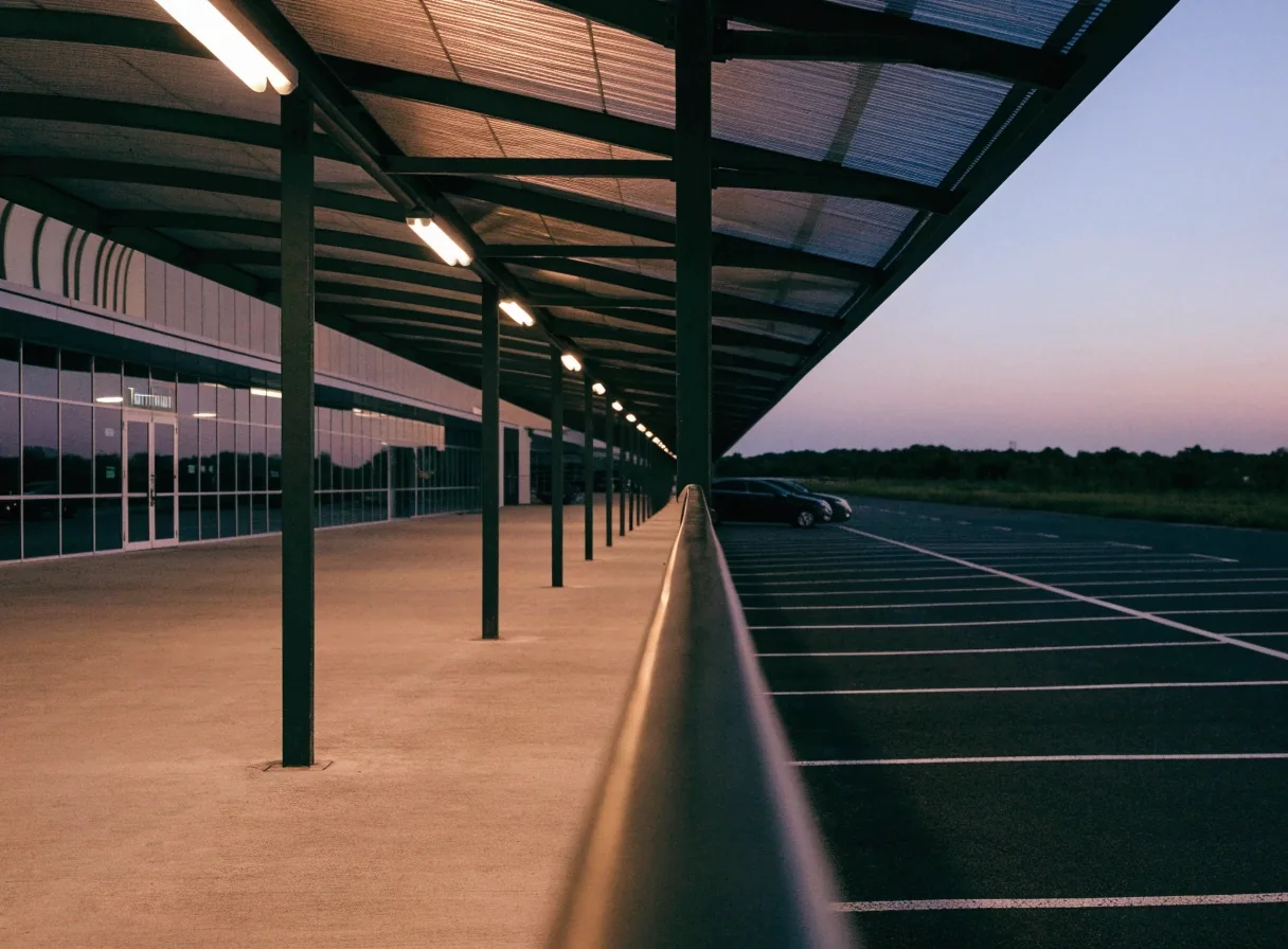 Quiet walkway beside the Brisbane Airport terminal car park at dusk