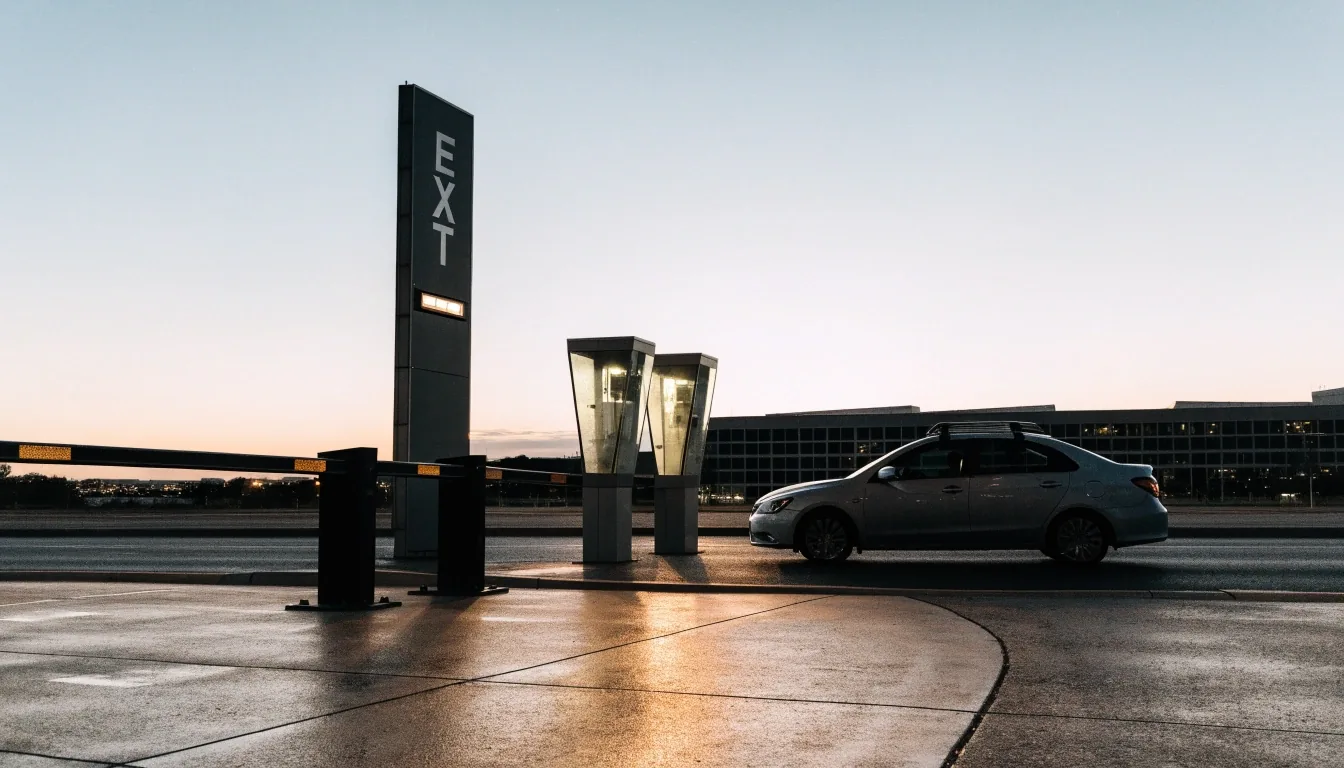Covered walkway and parking entry lanes at Brisbane Airport domestic terminal at dusk