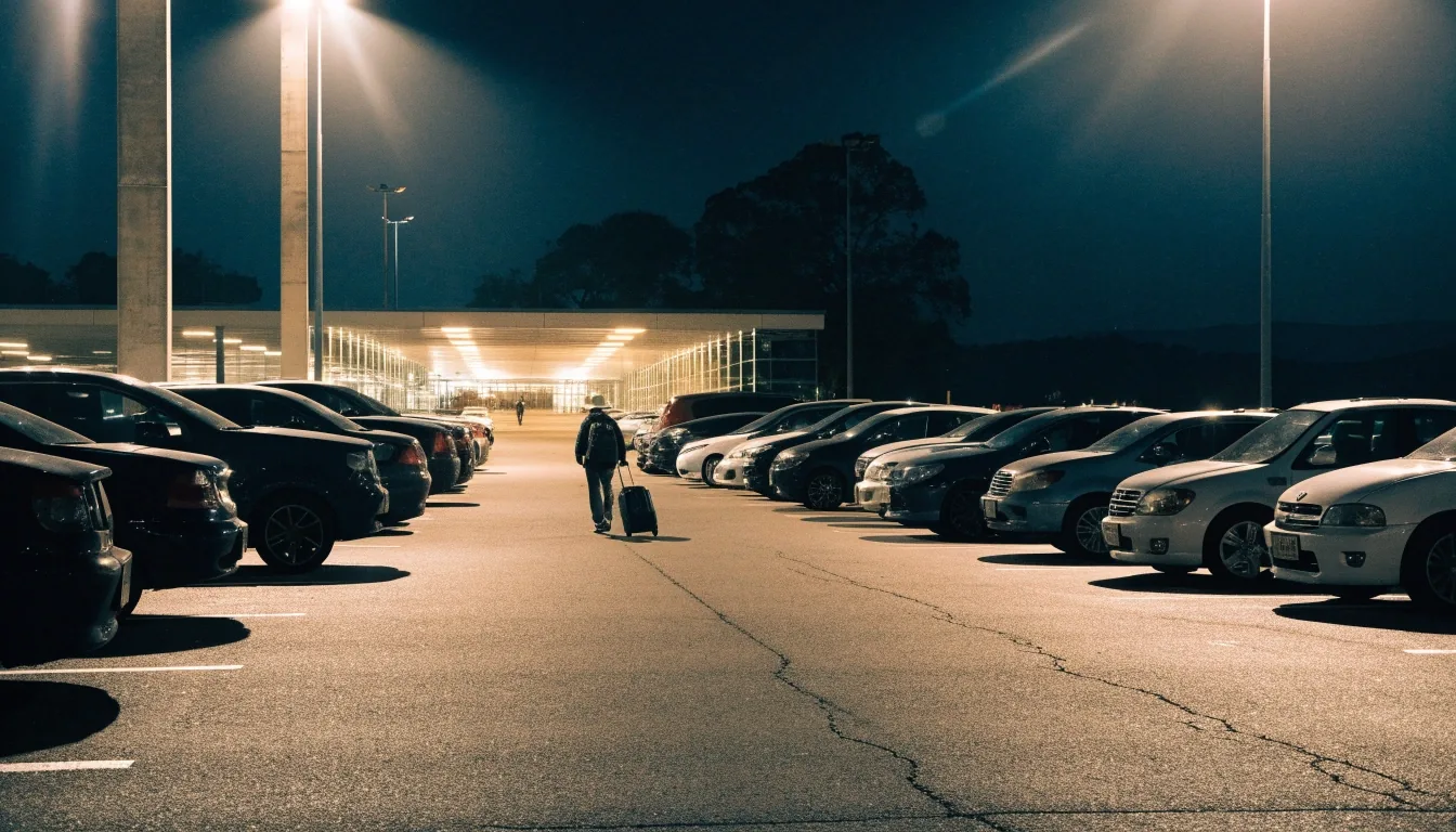 Open airport car park rows at night with a traveller pulling a suitcase toward the terminal walkway